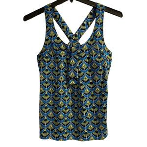 Banana Republic sleeveless tank cross back blouse blue scallop peacock print S